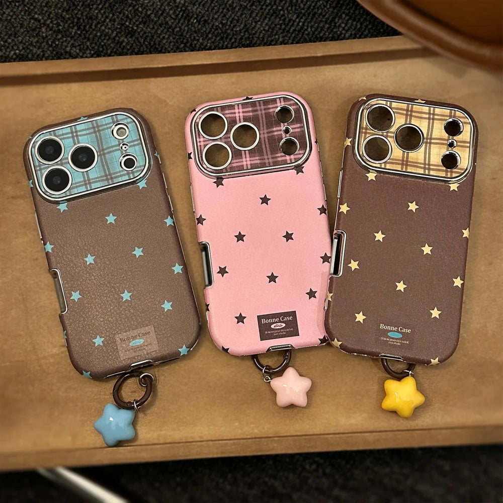Retro Star Plating Leather Phone Case With Pendant