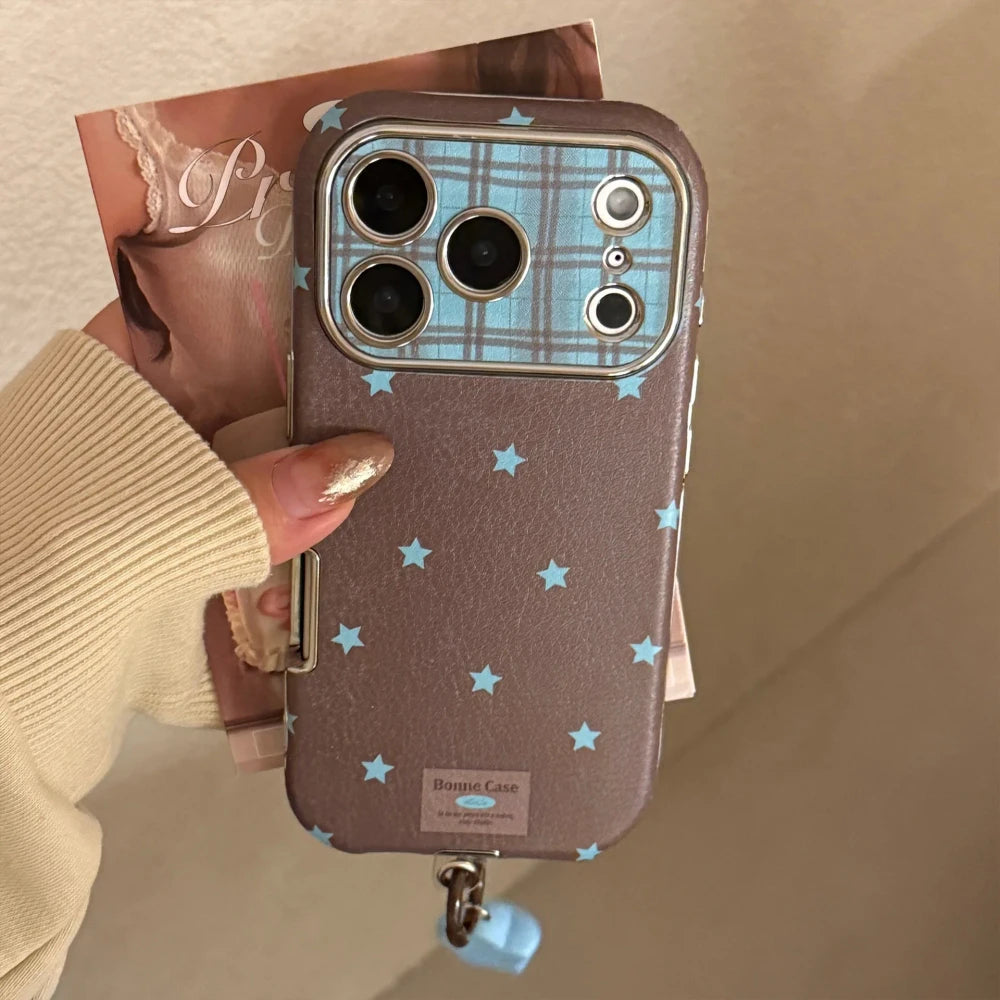 Retro Star Plating Leather Phone Case With Pendant