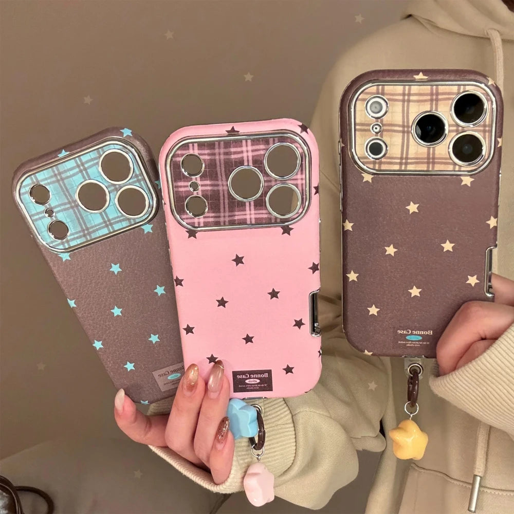 Retro Star Plating Leather Phone Case With Pendant