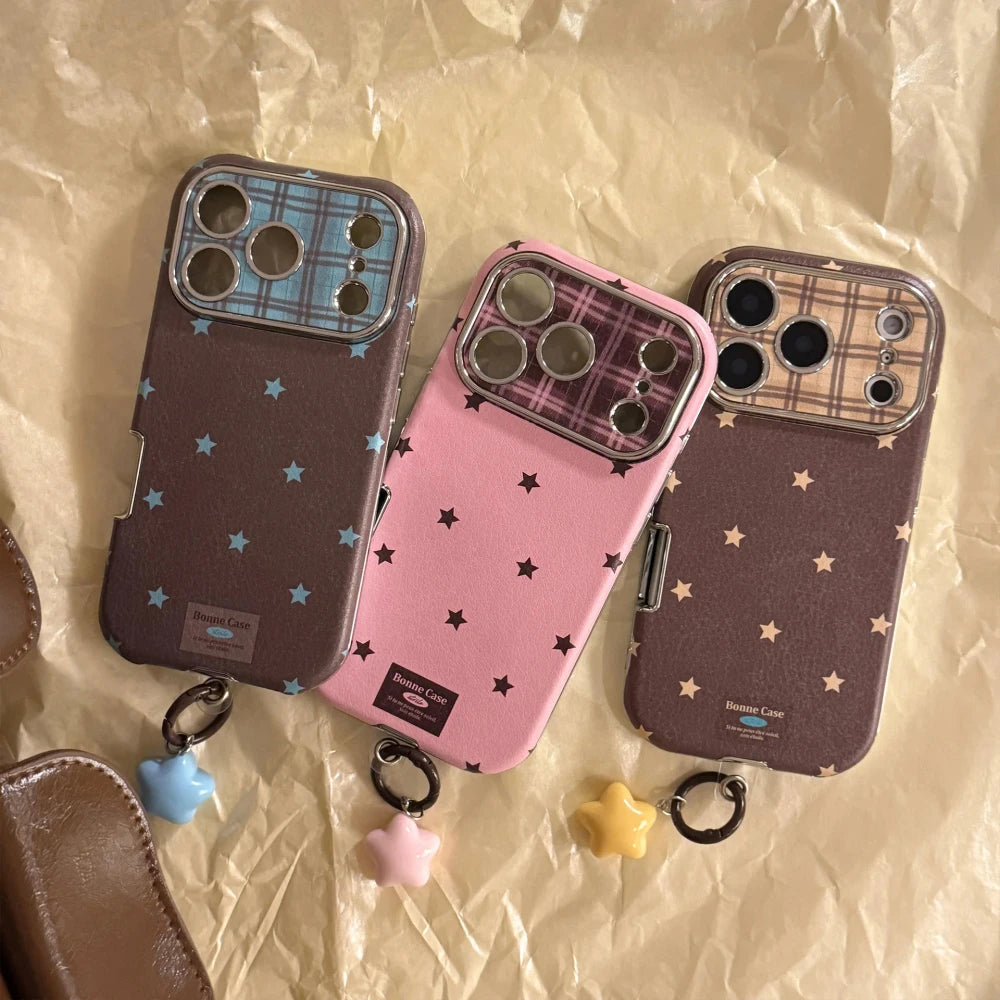 Retro Star Plating Leather Phone Case With Pendant