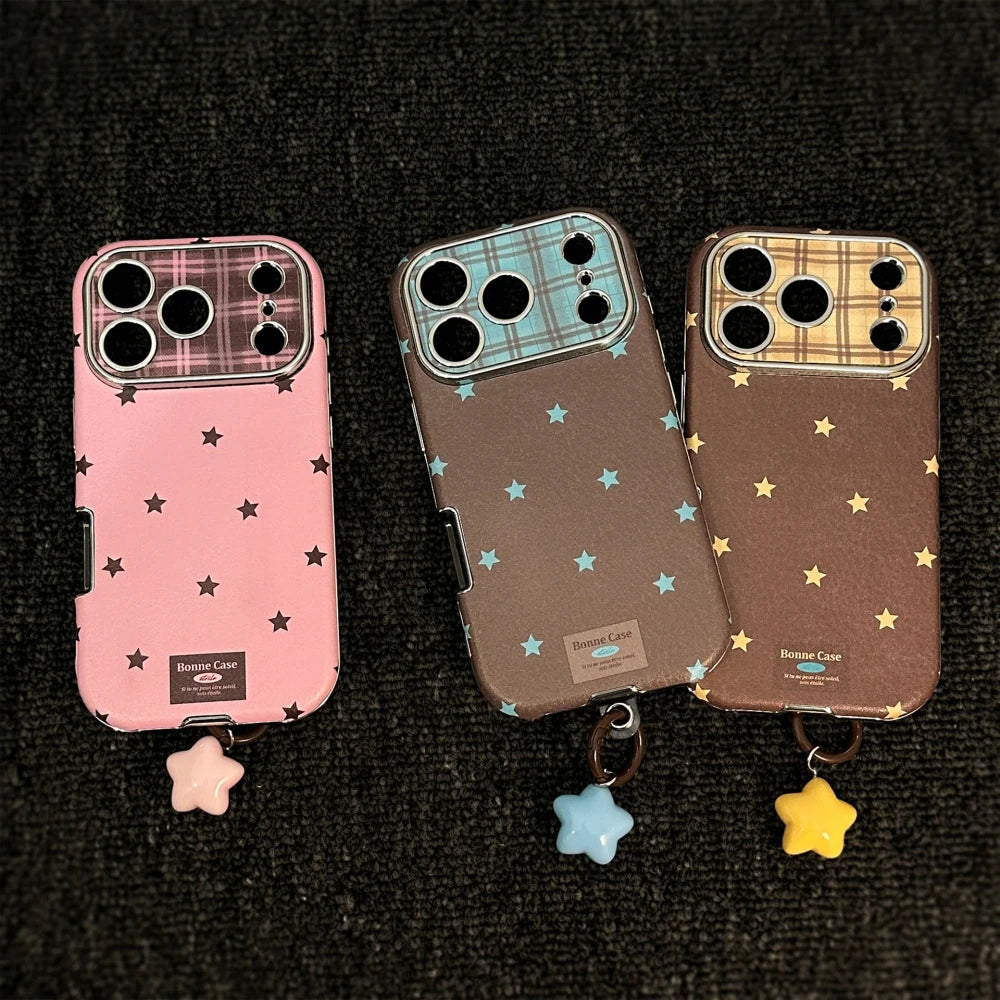 Retro Star Plating Leather Phone Case With Pendant