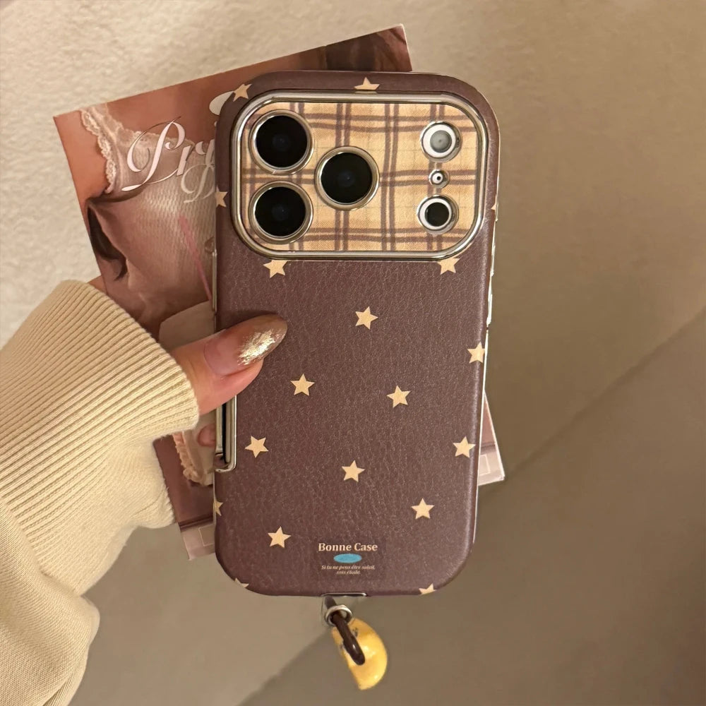 Retro Star Plating Leather Phone Case With Pendant